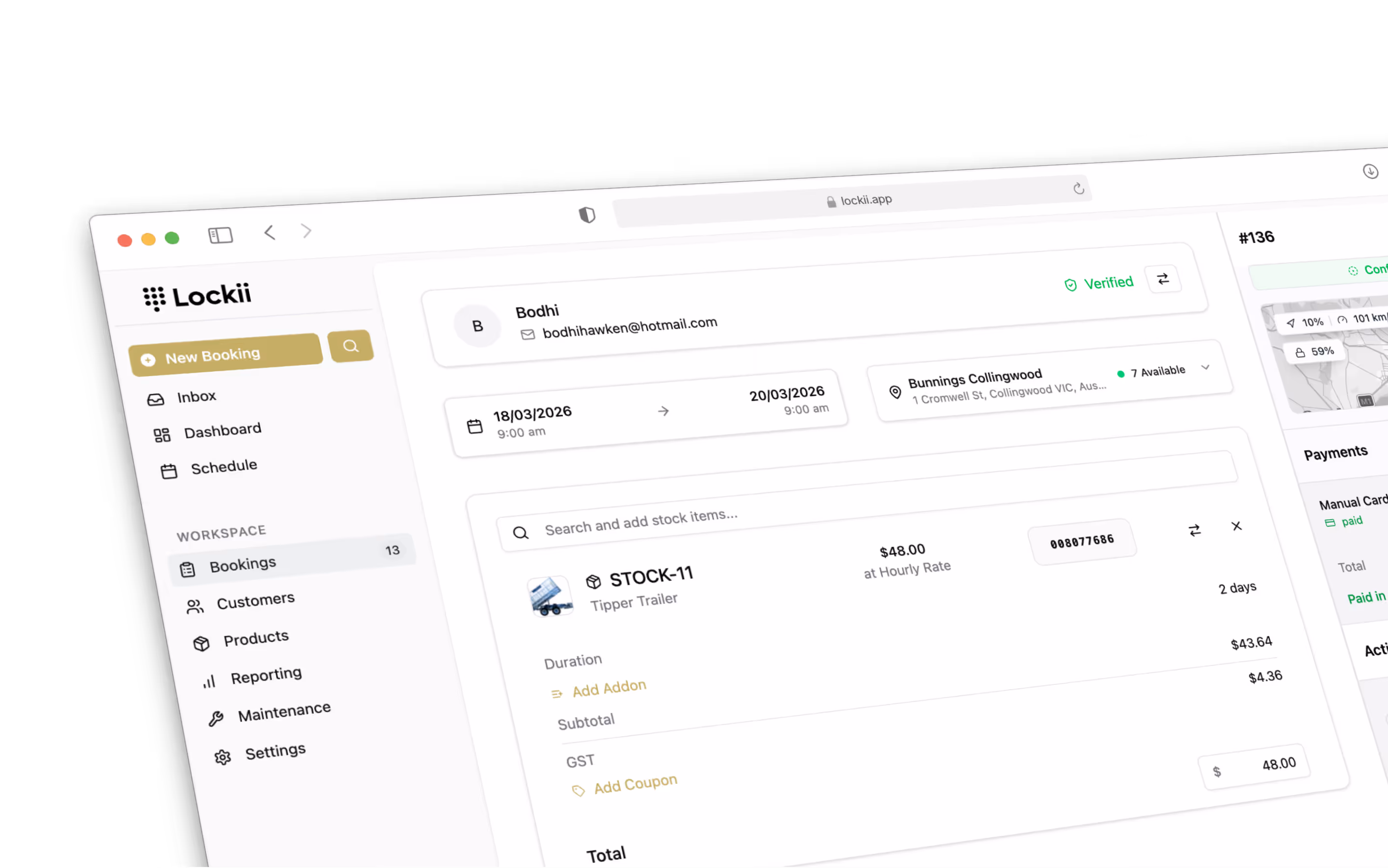 Lockii booking platform screenshot for ski hire businesses