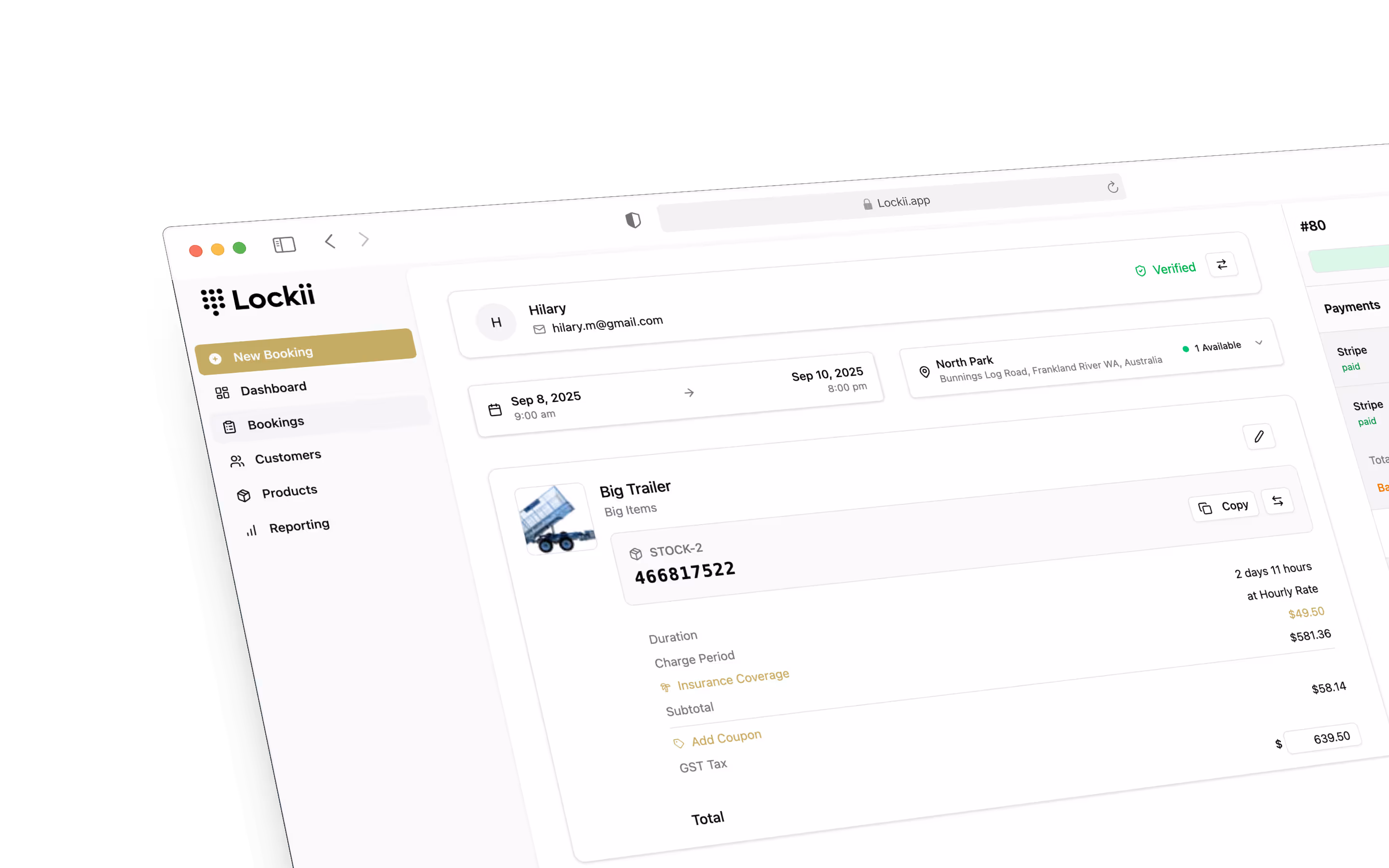 Lockii mobile app showing self-service kayak rental booking flow